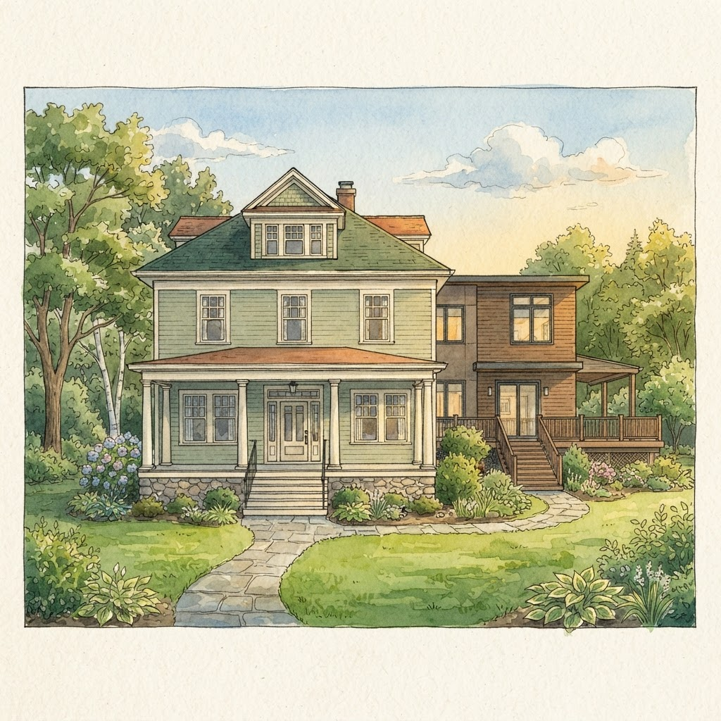 Illustration of the 1927 colonial four square with its rear addition and deck